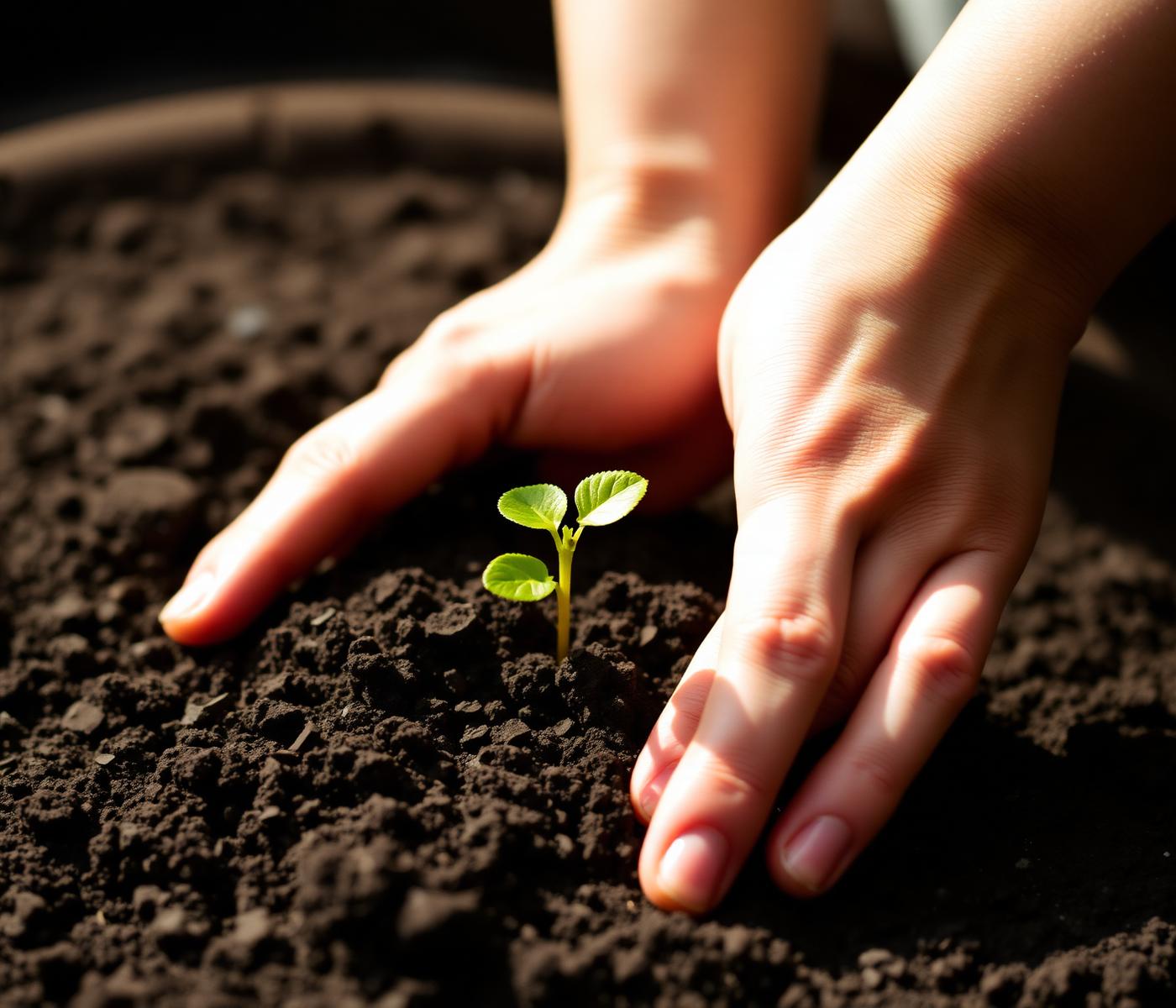Hands tending a small green seedling in rich soil