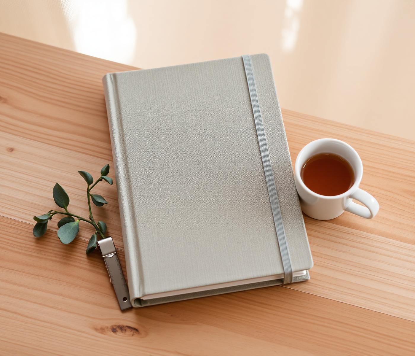 An unfinished notebook and a sprig of eucalyptus on a wooden table